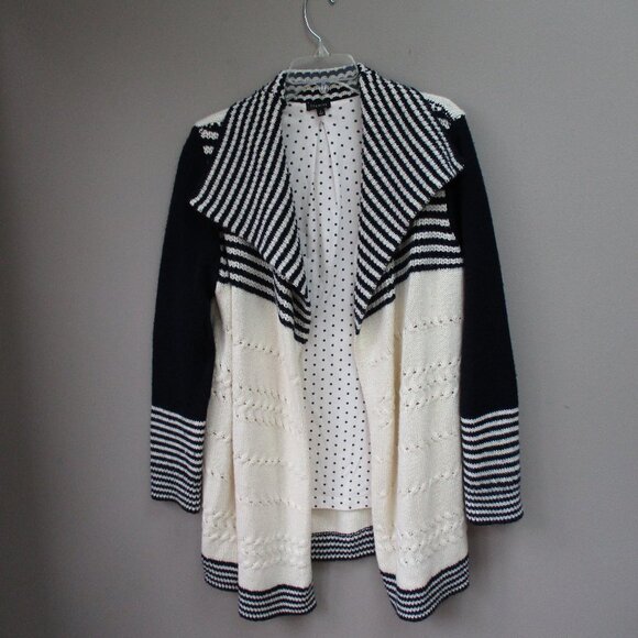 Womens Talbots Wool Blend Long Boho Sweater Ivory Blue Open Front Size Large - Picture 1 of 7